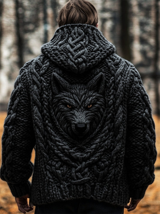 Men's Black Wolf Viking Celtic Chunky Hooded Cardigan elevenforest