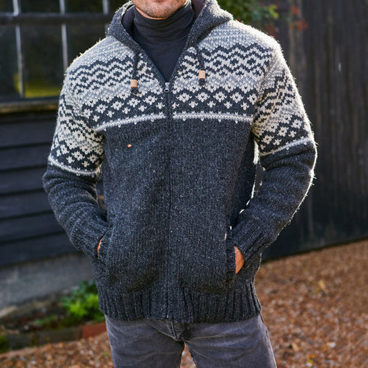 Mens Vintage Fair Isle Knitted Hooded Cardigan elevenforest