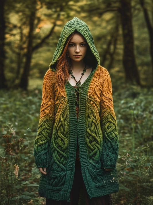 Vintage Celtic Knot Gradient Embroidery Women's Hooded Cardigan elevenforest