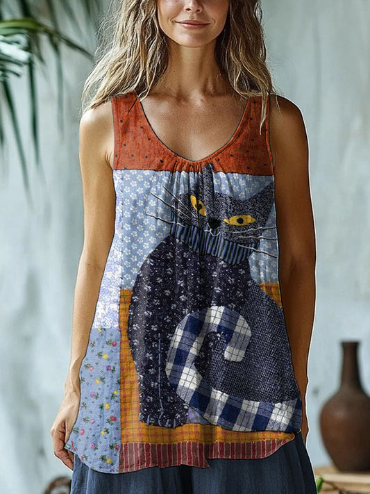 Cute Cat Patchwork Artistic Linen Blend Tank Top artswardrobe