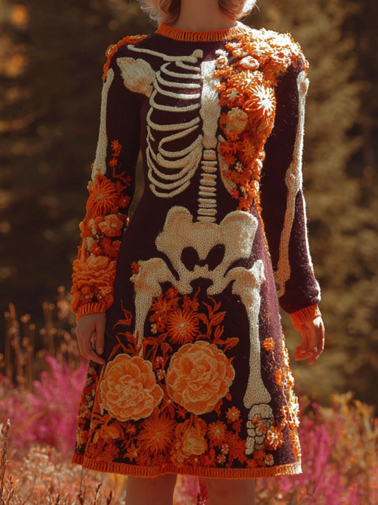 Comstylish Women's Halloween Warm Tone Skull Rose Embroidered Dress