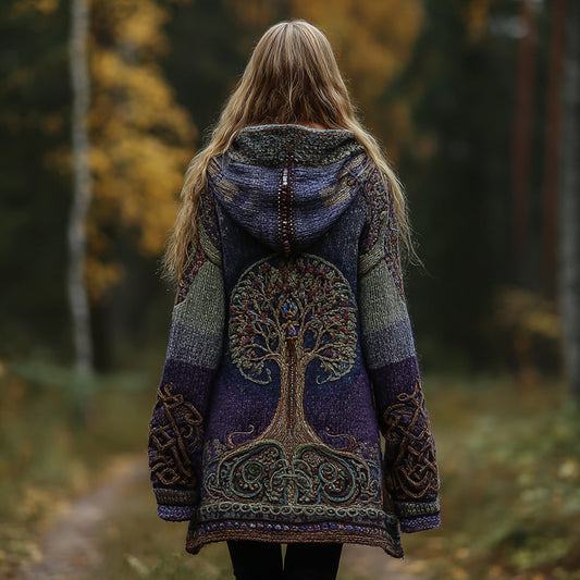 Vintage Tree Of Life Symbol Contrast Color Comfortable Chunky Hooded Cardigan Sweater elevenforest