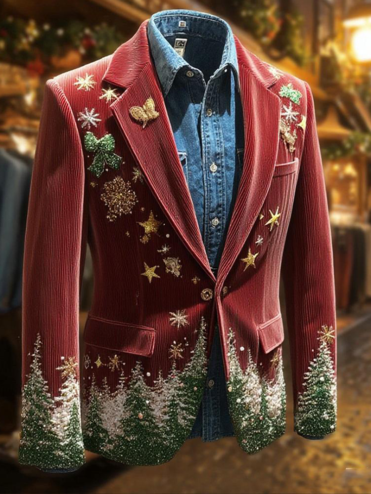 Comstylish Men's Retro Christmas Element Design Corduroy Suit Coat