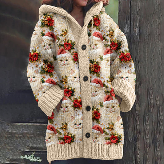 Christmas Cat Embroidery Knitted Warm Cardigan Sweater elevenforest