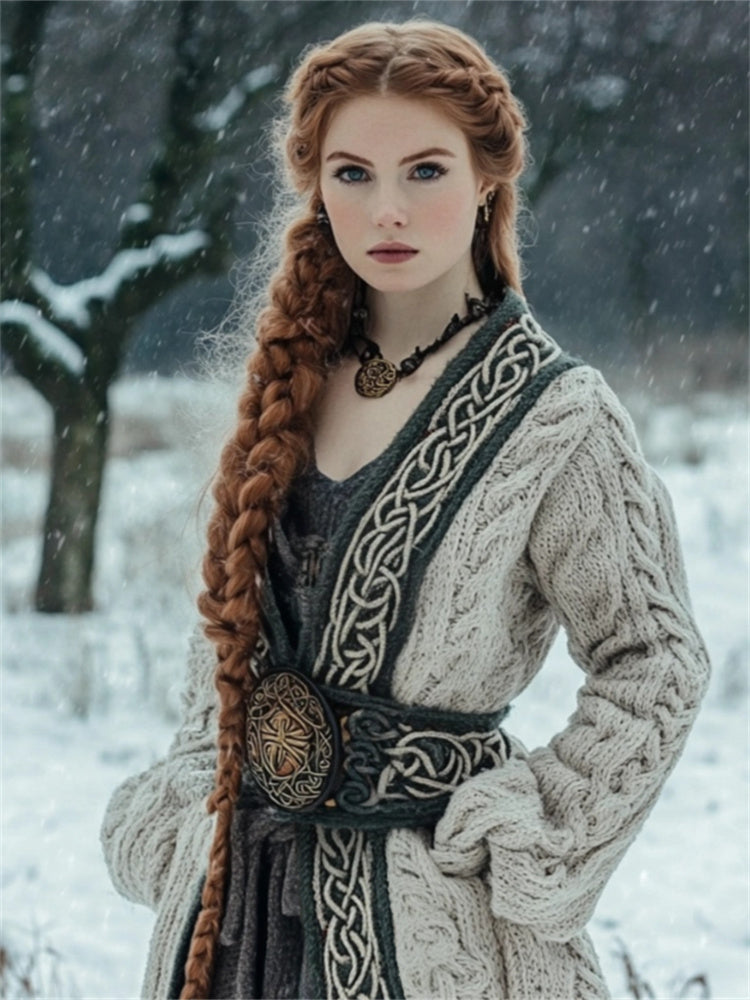 Vintage Medieval Celtic Contrast Hem Cozy Chunky Long Cardigan elevenforest