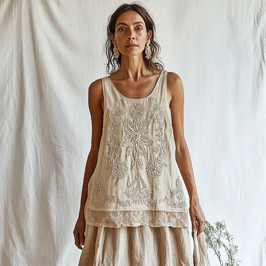 Vintage Embroidered Floral Linen Blend Tank Top artswardrobe