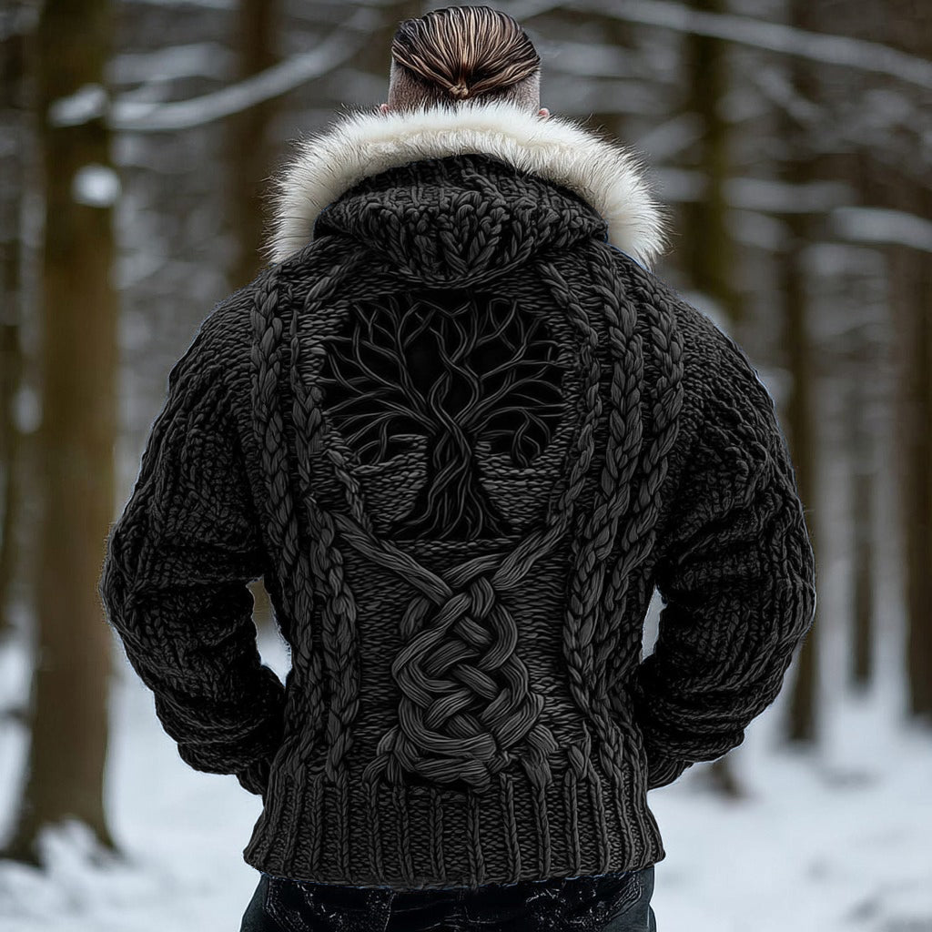 Men's Viking Tribal Tree Of Life Celtic Chunky Knit Fuzzy Hooded Zipper Cardigan artswardrobe
