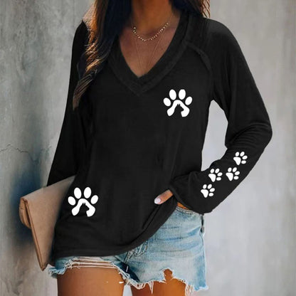 Cute Paw Print V-Neck Long Sleeved Casual T-Shirt elevenforest