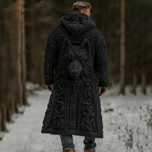 Men's Viking Wolf Celtic Knot Art Pocket Mid-length Cardigan Sweater artswardrobe