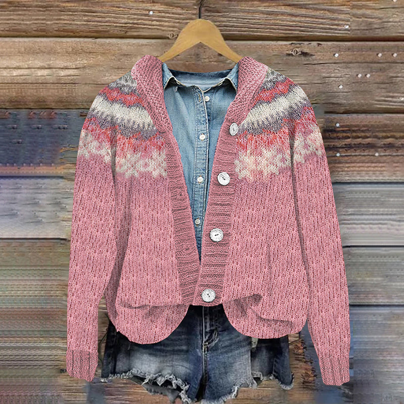 Vintage Snowflake Wave Print Button Hooded Knitted Cardigan elevenforest