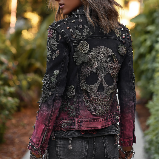 Comstylish A Retro Women's Black-pink Gradient Denim Jacket With Gothic Skull And Floral Elements Design For Halloween.