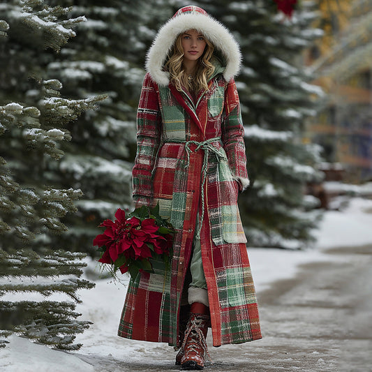 Comstylish Women's Christmas Scottish Classic Plaid Knit Hood With Fur Collar Coat