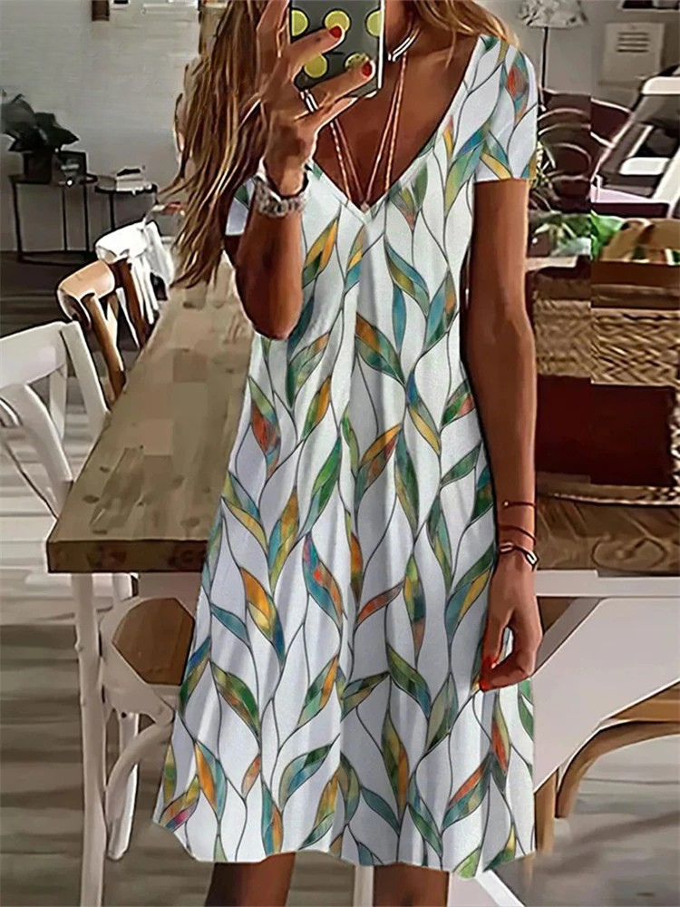 KL | Mujer Sundress Midi Vestido Manga Corta Estampado Floral Verano Casual Cuello en V Vestidos Sueltos Talla Grande 2024 Ropa de Mujer Vestidos
