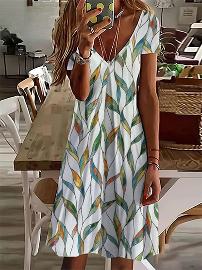 KL | Mujer Sundress Midi Vestido Manga Corta Estampado Floral Verano Casual Cuello en V Vestidos Sueltos Talla Grande 2024 Ropa de Mujer Vestidos