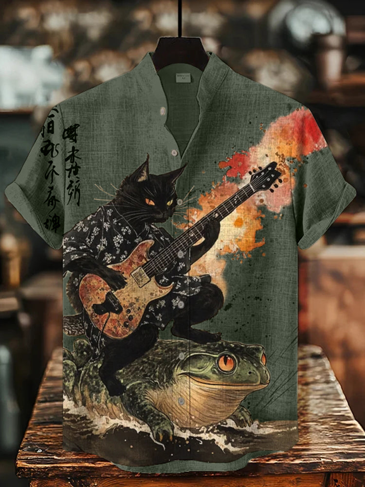 Men's Black Cat Riding On Toad Playing Guitar Print Short Sleeve Shirt elevenforest