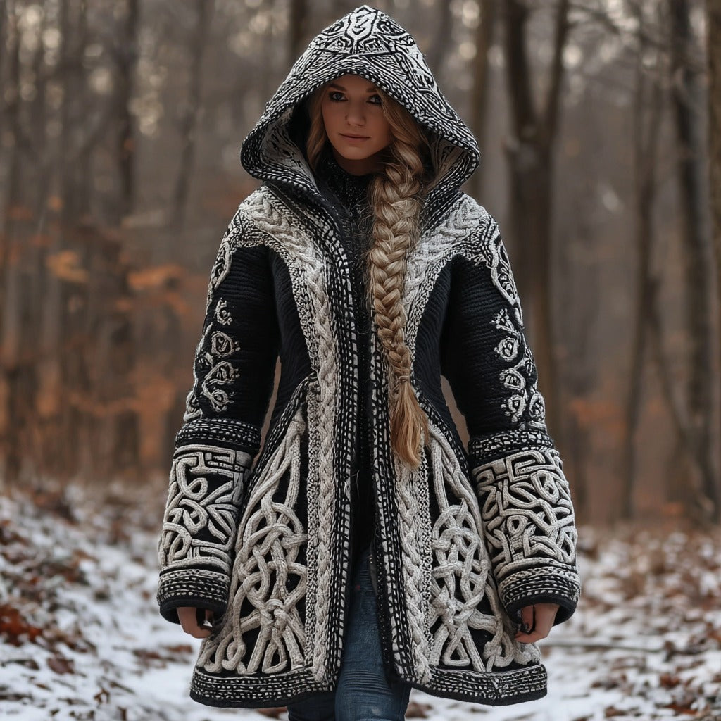 Women's Vintage Viking Celtic Knot Jacquard Long Hooded Cardigan artswardrobe