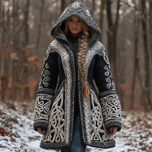 Women's Vintage Viking Celtic Knot Jacquard Long Hooded Cardigan artswardrobe