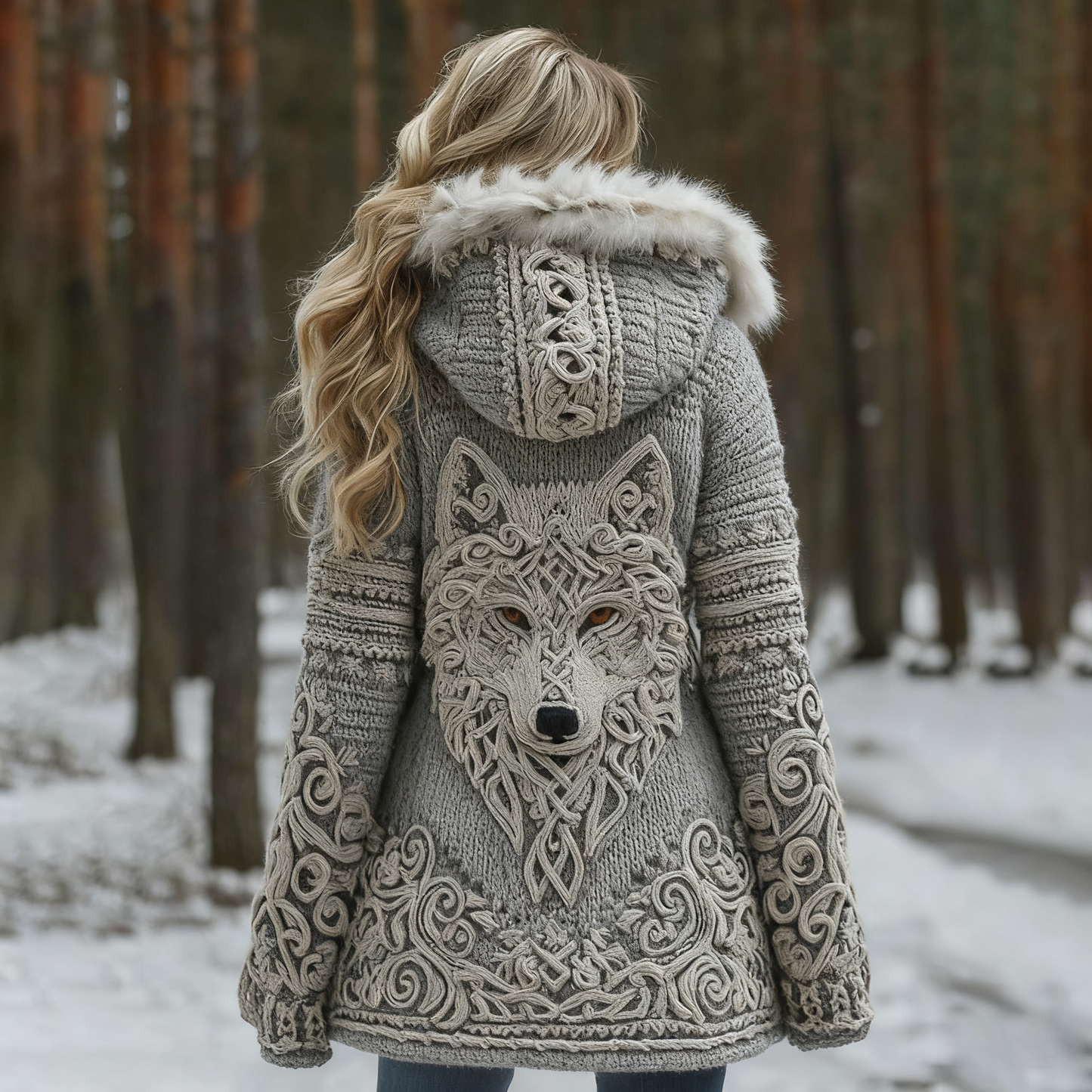 Women Viking Wolf Celtic Knot Art Cozy Fur Collar Hooded Cardigan artswardrobe