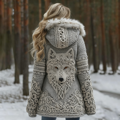 Women Viking Wolf Celtic Knot Art Cozy Fur Collar Hooded Cardigan artswardrobe