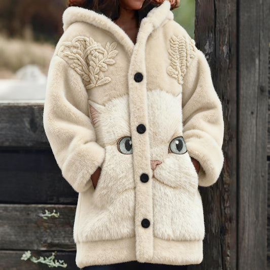 Comstylish Cute Fuzzy Cat Embroidered Cozy Plush Hooded Cardigan