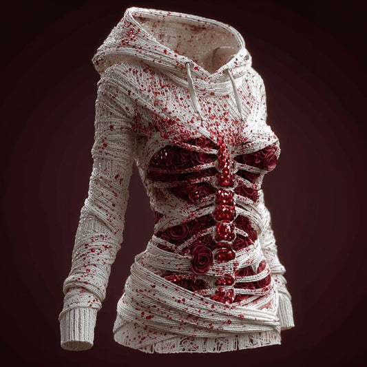 Comstylish Classy Skeleton Bloody Roses Bandages Hooded Sweater
