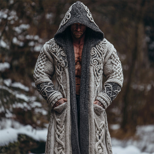 Men's Viking Celtic Contrast Chunky Cozy Hooded Long Cardigan artswardrobe