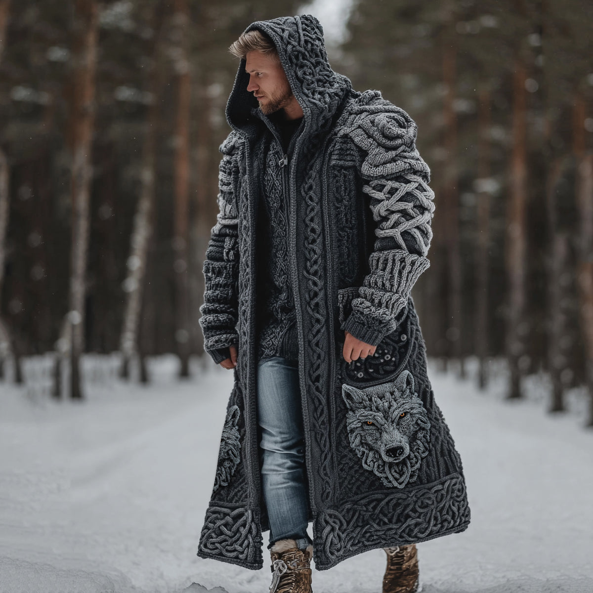 Men's Viking Style Celtic Knot Wolf Head Sweater Cardigan artswardrobe