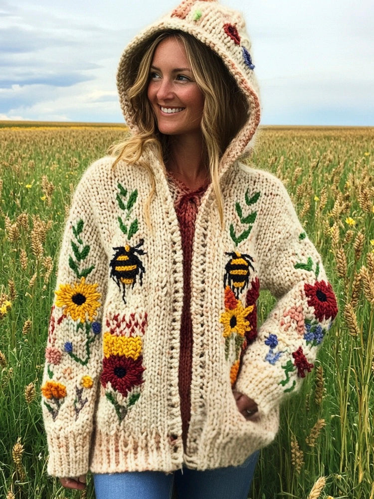 Rustic Bee & Floral Knit Art Women's Hooded Cardigan elevenforest