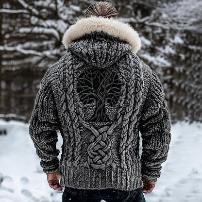 Men's Viking Tribal Tree Of Life Celtic Chunky Knit Fuzzy Hooded Zipper Cardigan artswardrobe