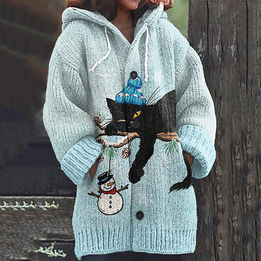 Retro Lazy Kitten Winter Christmas Art Print Hooded Cardigan Sweater elevenforest