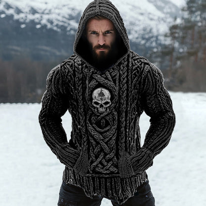Men's Viking Tribal Skull Rune Celtic Inspired Knit Hooded Sweater artswardrobe