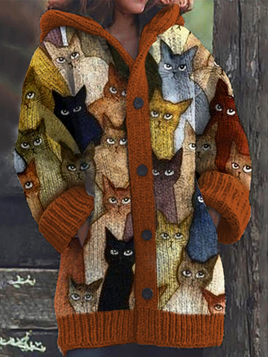 Colorful Cats Pattern Cozy Hooded Cardigan elevenforest