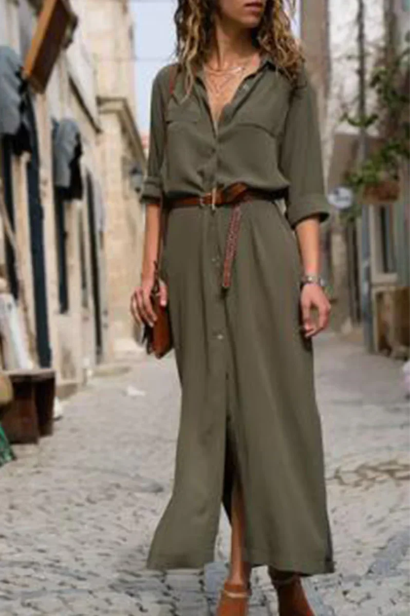 KL | Vestido camisero informal con cuello vuelto y patchwork monocromo