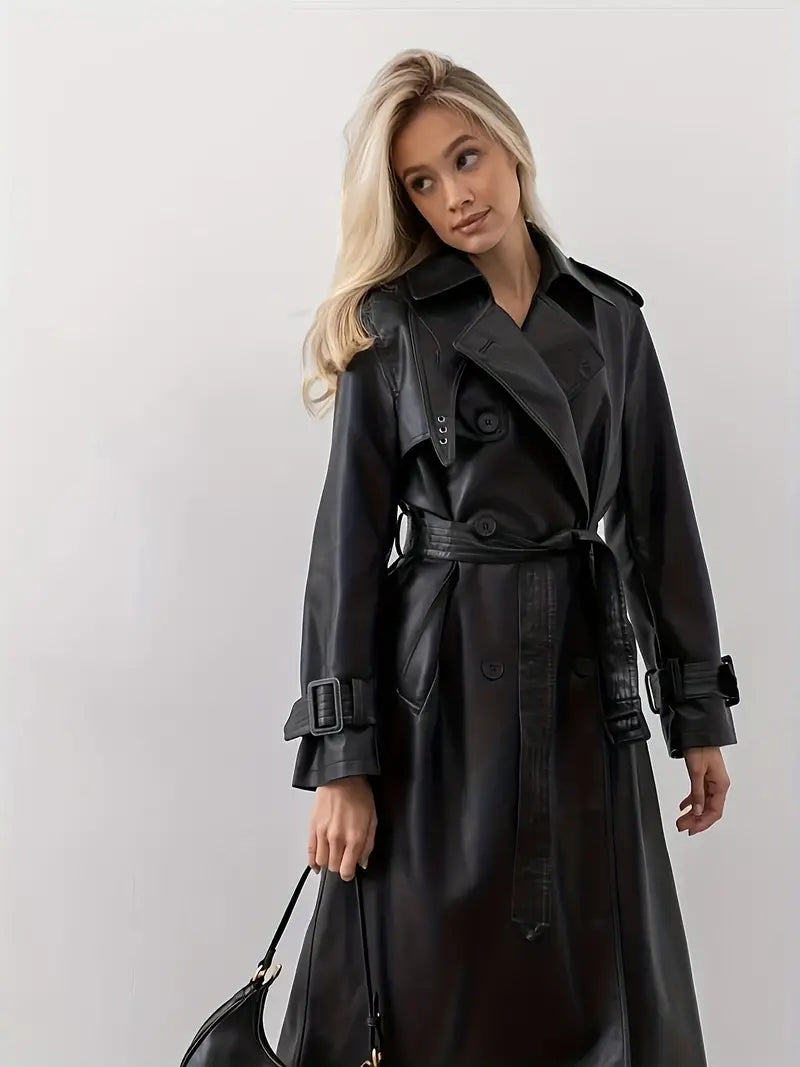 CM | Trench coat chaqueta de cuero con cinturón
