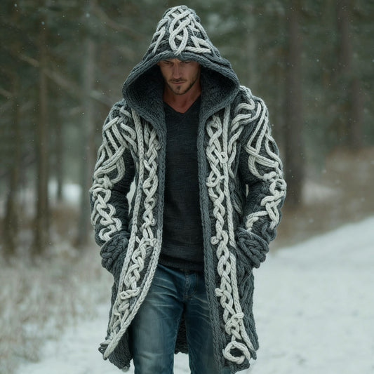 Men's Retro Contrast Celtic Knot Hooded Mid-length Cardigan Sweater artswardrobe