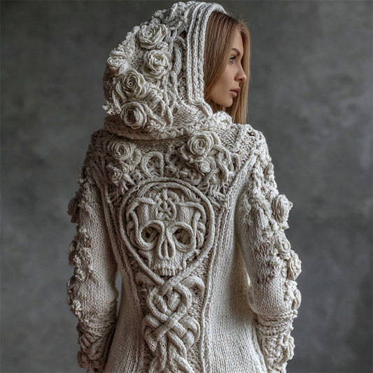 Vintage White Roses Viking Celtic Skull Hooded Cozy Knit Cardigan elevenforest