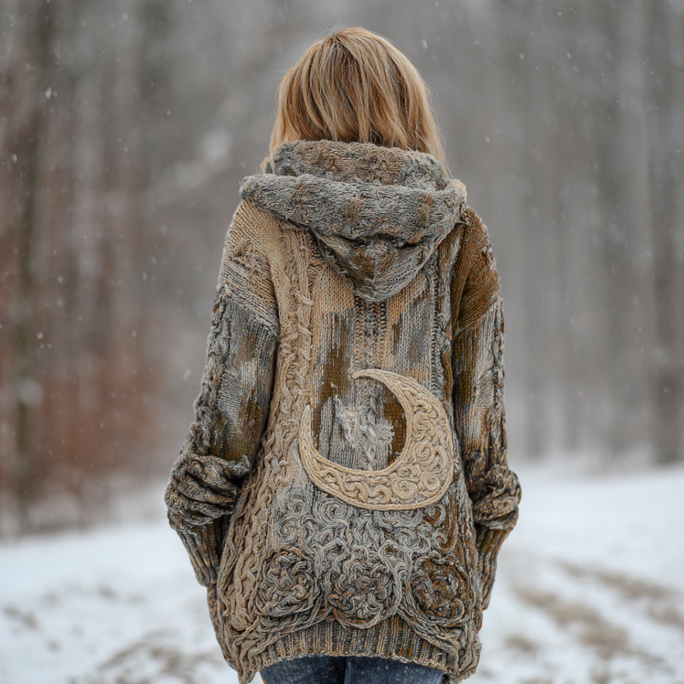 Women's Star And Moon Element Winter Warmth Knit Hooded Cardigan Sweater Jacket artswardrobe