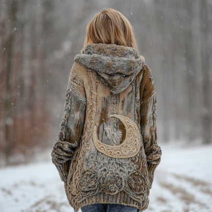 Women's Star And Moon Element Winter Warmth Knit Hooded Cardigan Sweater Jacket artswardrobe