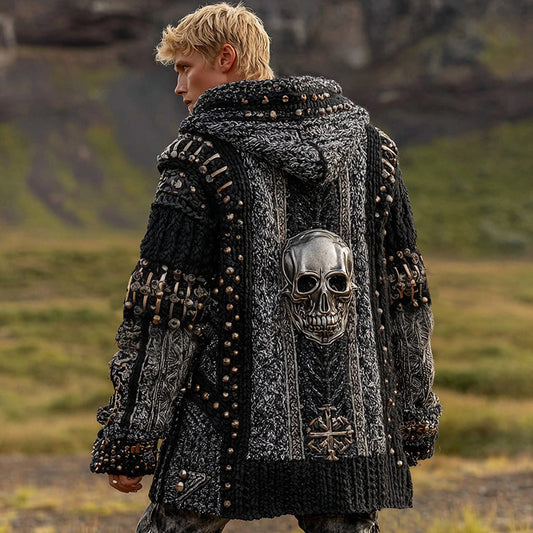 Men's Dark Style Skull Inspired Knitted Cozy Zipper Up Midi Hooded Cardigan elevenforest