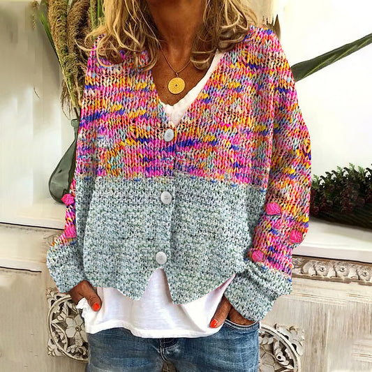 Contrast Color Patchwork V-Neck Long-Sleeved Knitted Cardigan elevenforest