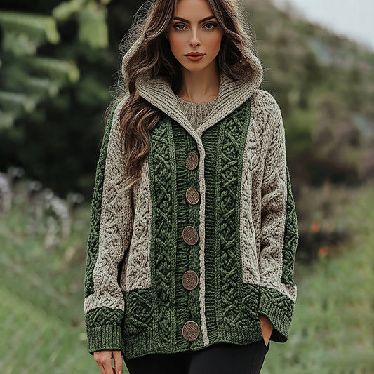 Women's Irish Celtic Knotted Hooded Button Up Cardigan Sweater elevenforest