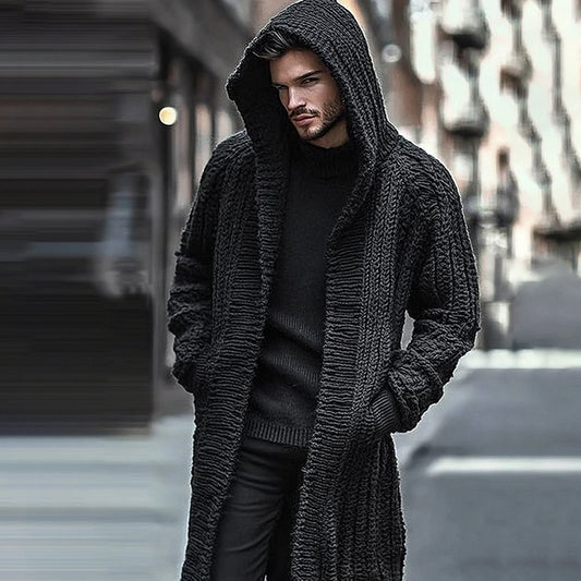 Men'S Knitted Hooded Long Sweater Cardigan elevenforest