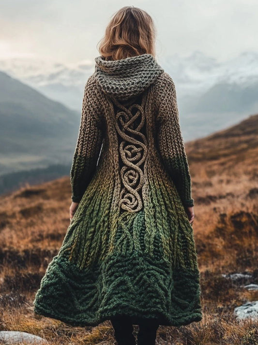 Women's Vintage Contrast Color Celtic Knot Chunky Knit Hooded Cardigan elevenforest