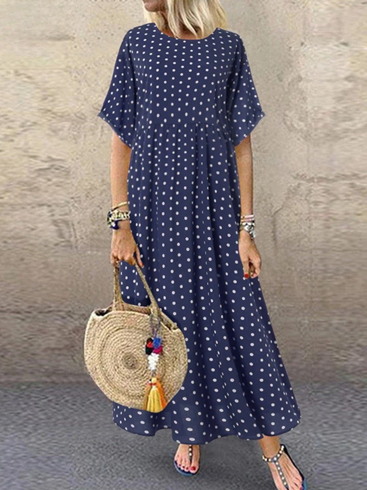 KL | Polka Dot Ladies Midi Dress Bohemian Holiday Short Sleeve O-Neck Long Robe Vintage Loose Casual A-line Vestidos Summer