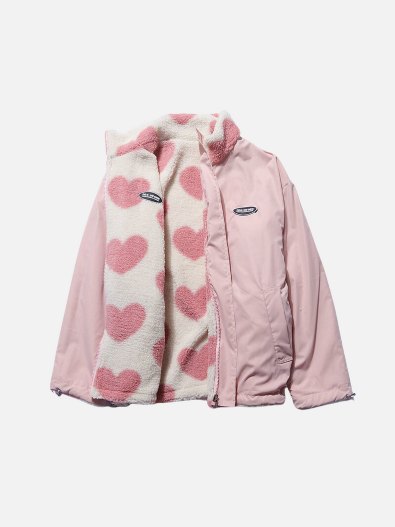 CM | Cálido abrigo otoñal con acogedor forro y bonito estampado de corazones