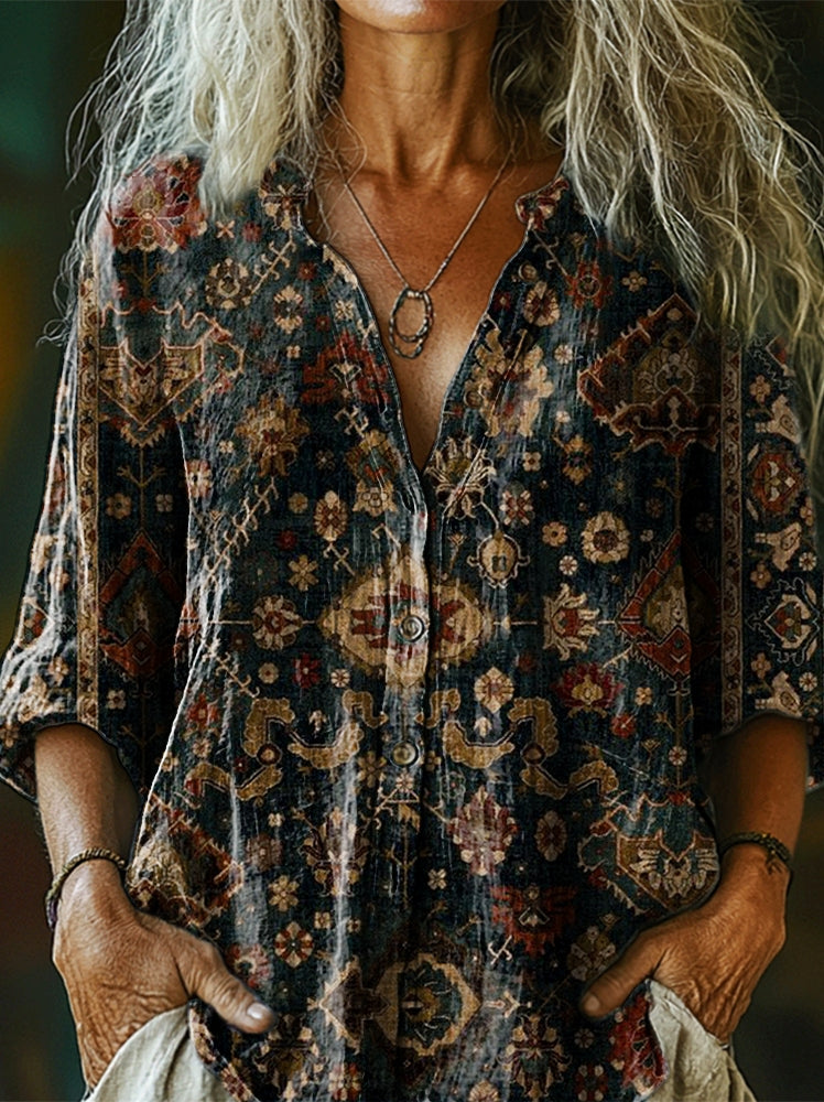 Women's Ethnic Totem Art Print Casual Cotton and Linen Shirt