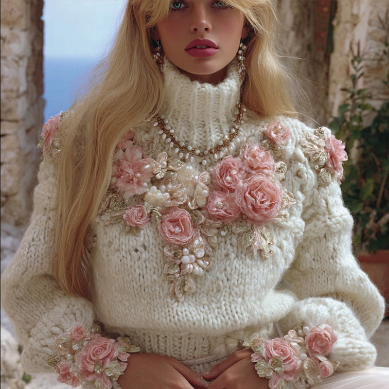 Jersey de algodón con adornos de rosas en color crema y rosa