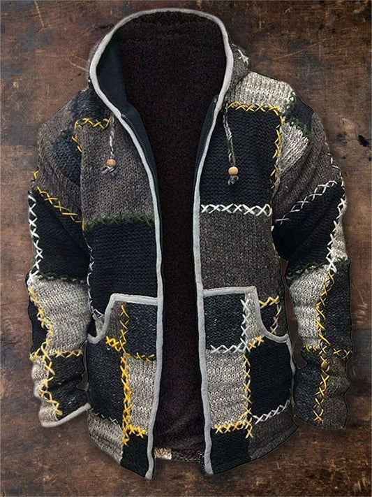 Men's Retro Colorblock Patchwork Stitched Cozy Hooded Cardigan artswardrobe
