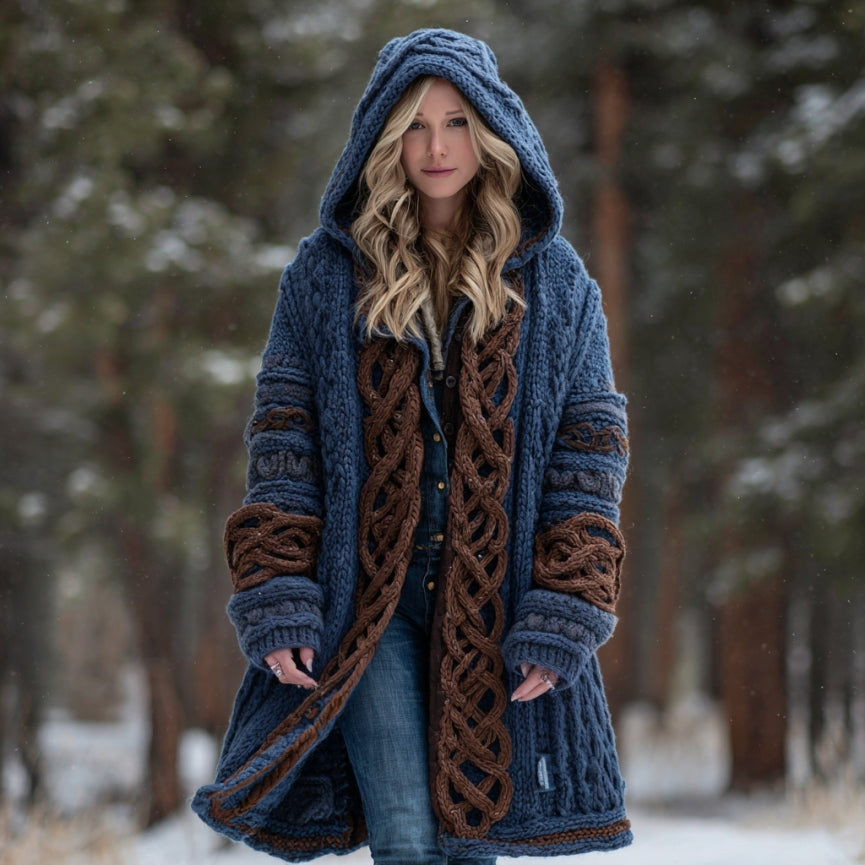 Women's Vintage Viking Celtic Knot Art Warm Knit Hooded Jacket artswardrobe