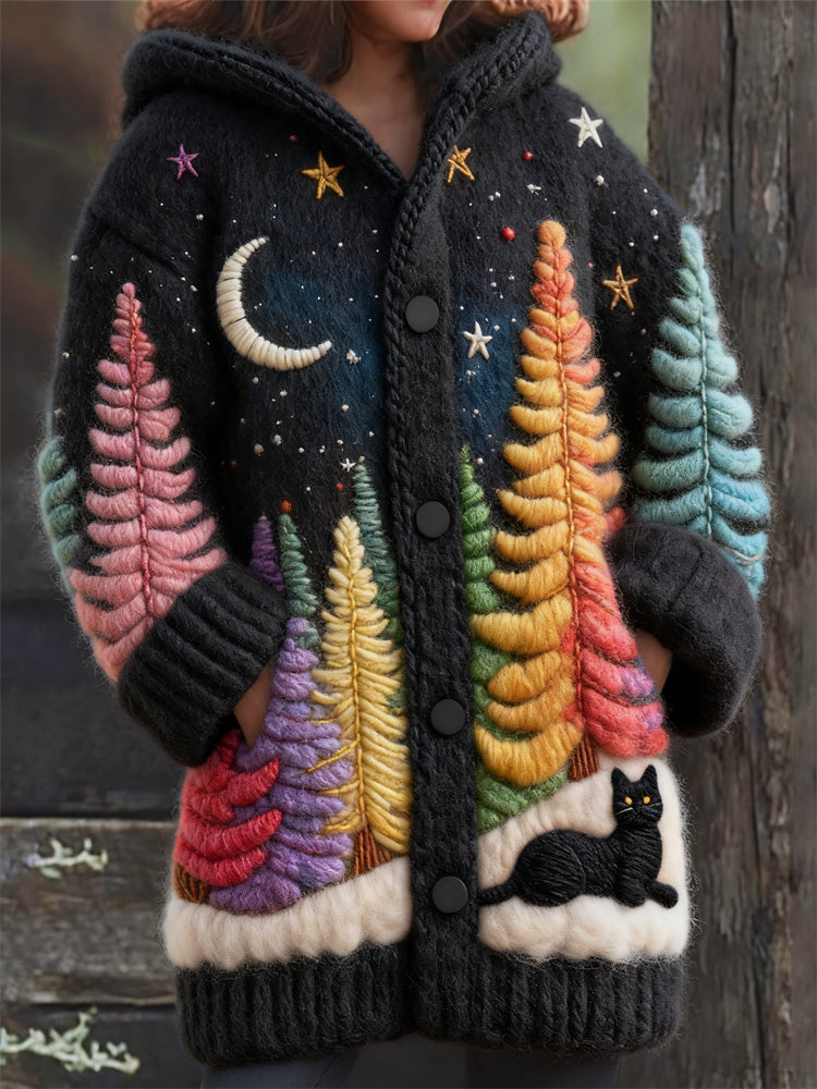 Black Cat & Colorful Christmas Trees Landscape Cozy Hooded Cardigan